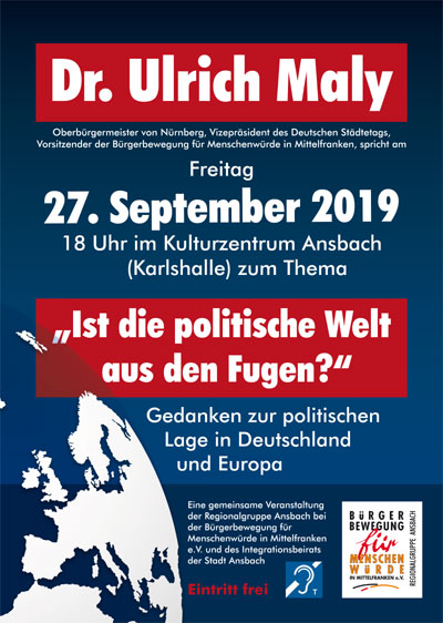 Plakat zum Vortrag mit Dr. Ulrich Maly am 27.09.2019 in der Karlshalle Ansbach