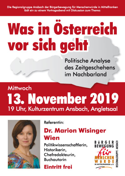 Plakat zum Vortrag mit Dr. Marion Wisinger am 13.11.2019 im Angletsaal Ansbach